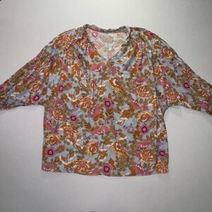 Women's Small Blue Floral Viscose Drop Shoulder V Neck Blouse Shirt, boho vibes